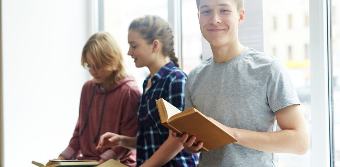 exchange students in library